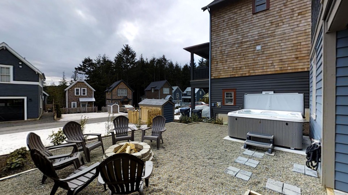 Patio with private fireplace and hot tub