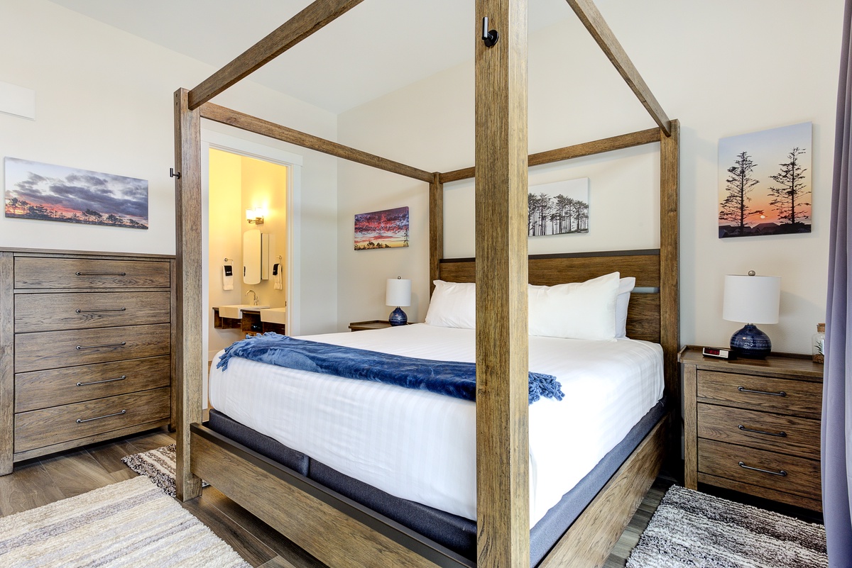 Modern canopy bed frame in primary bedroom