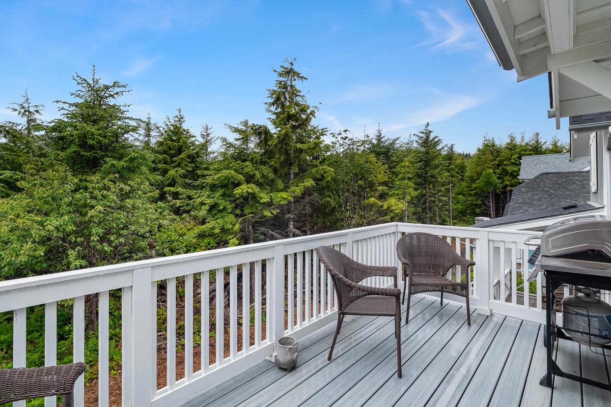 Back deck with forest views