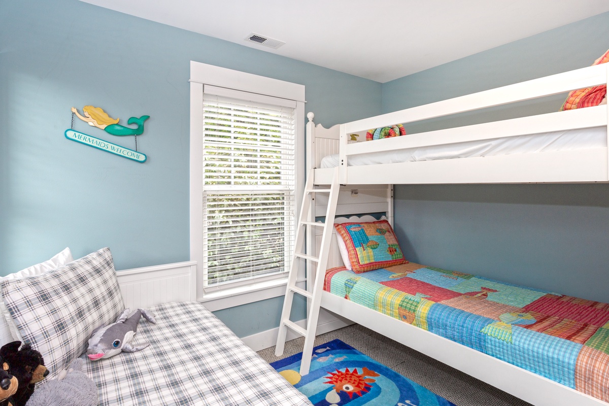 Second floor bunk room, with trundle, is perfect for kids and adults