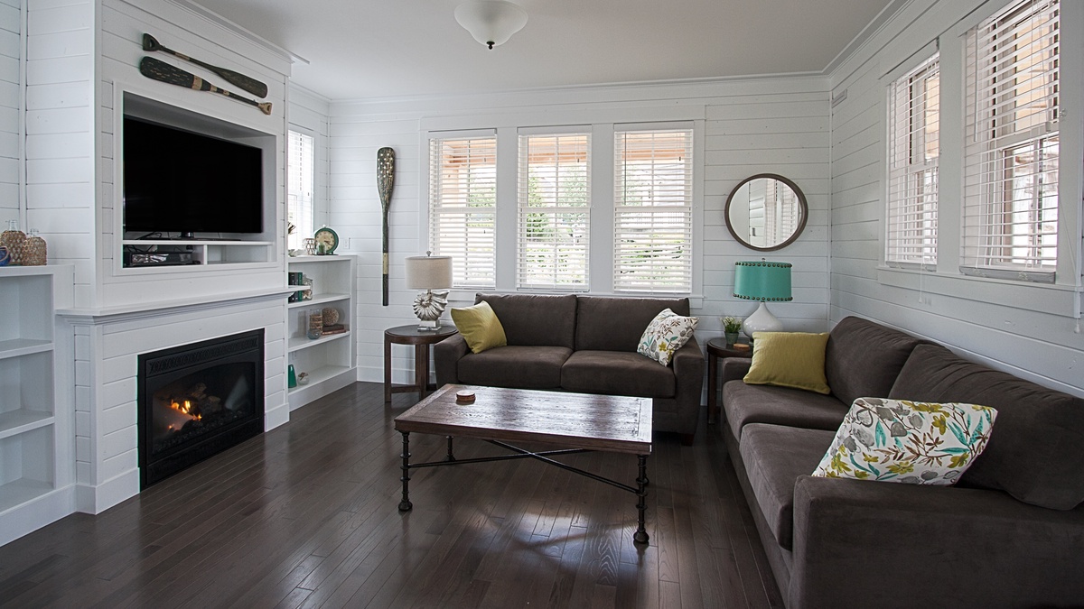 Living room with gas fireplace and flat screen t.v.