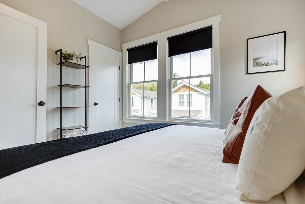 Pitched ceilings make the room bright and airy