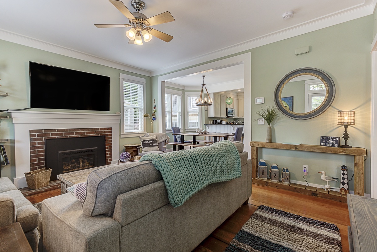 Comfy living room with gas log fireplace