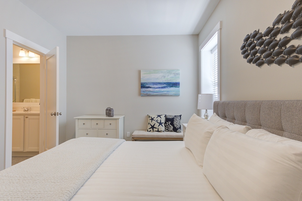 The primary bedroom is conveniently located downstairs