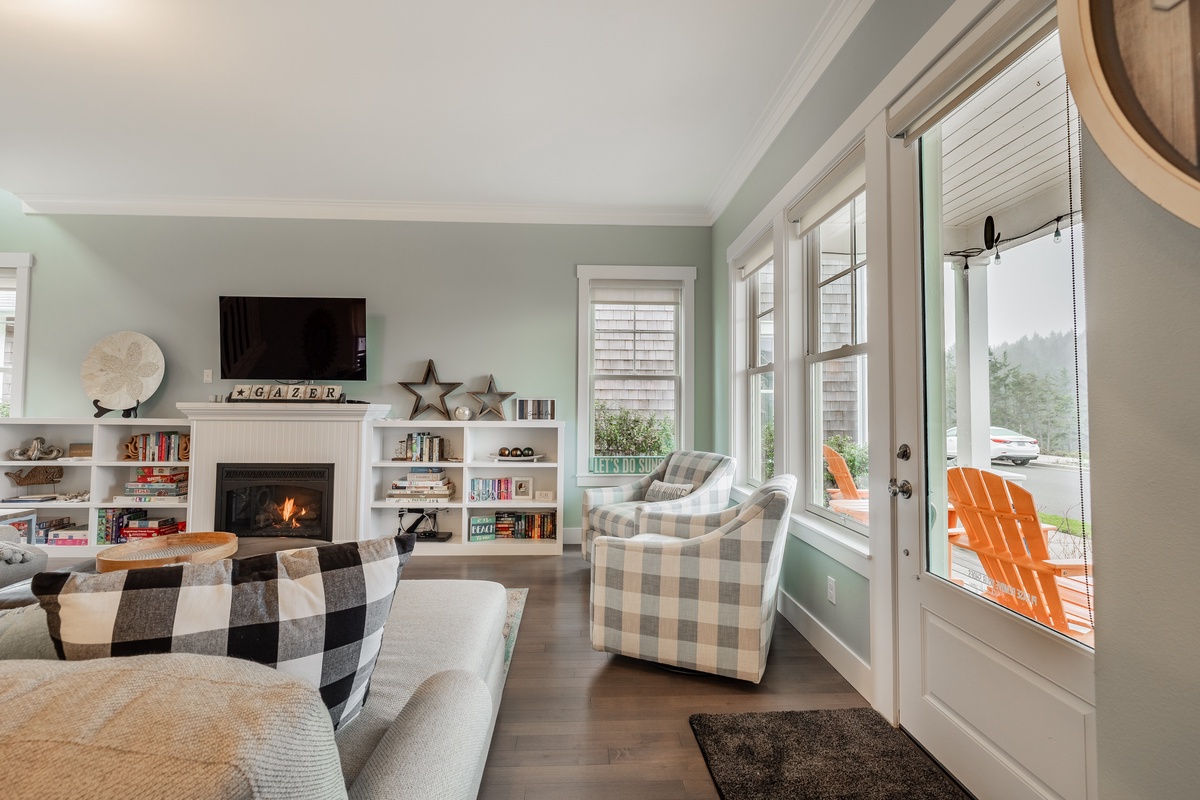 Living room and covered front porch