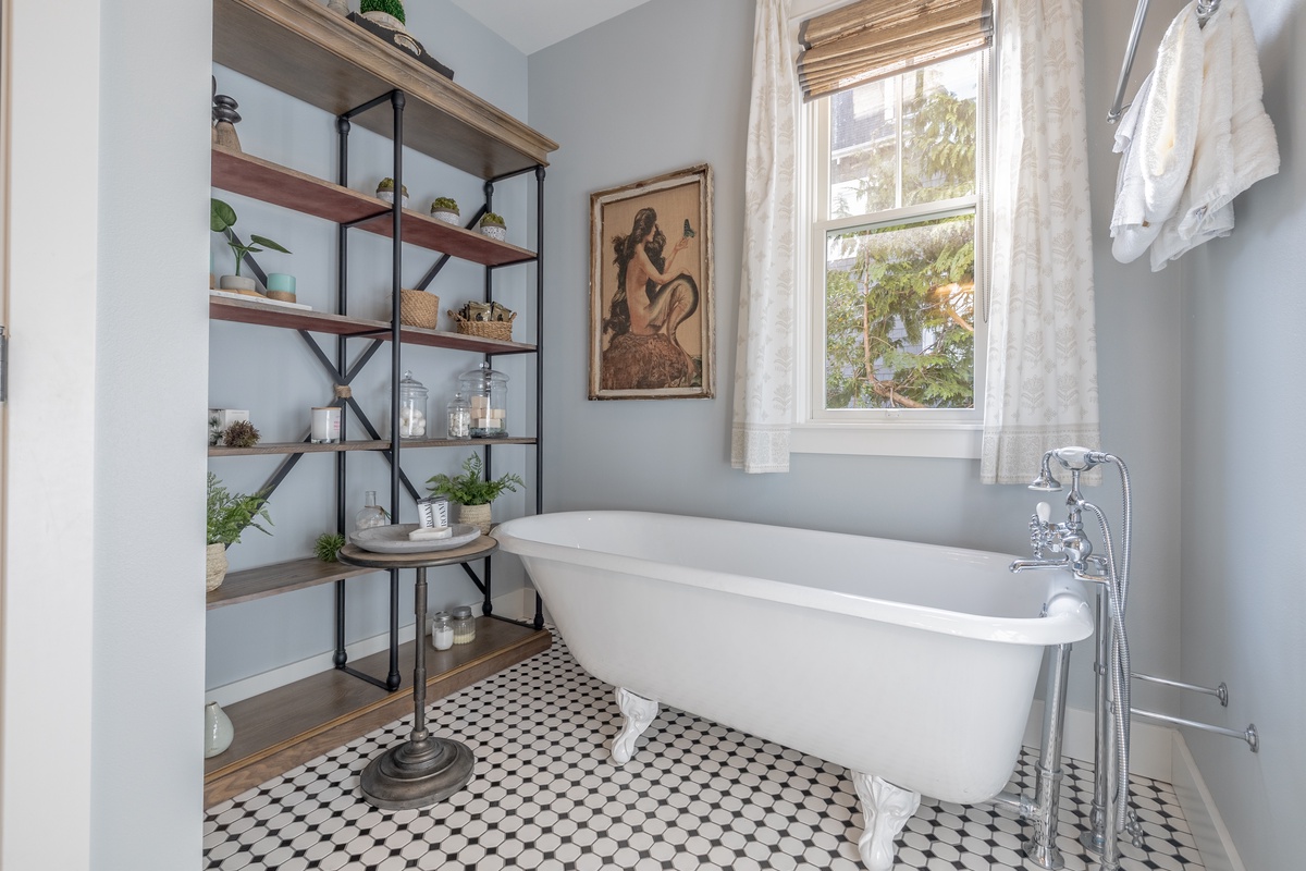 Large tub in spacious bathroom