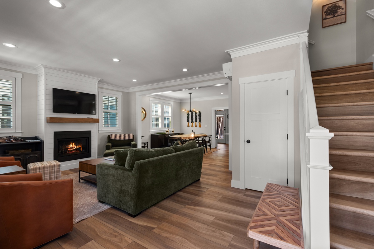 Open-concept kitchen, living and dining rooms