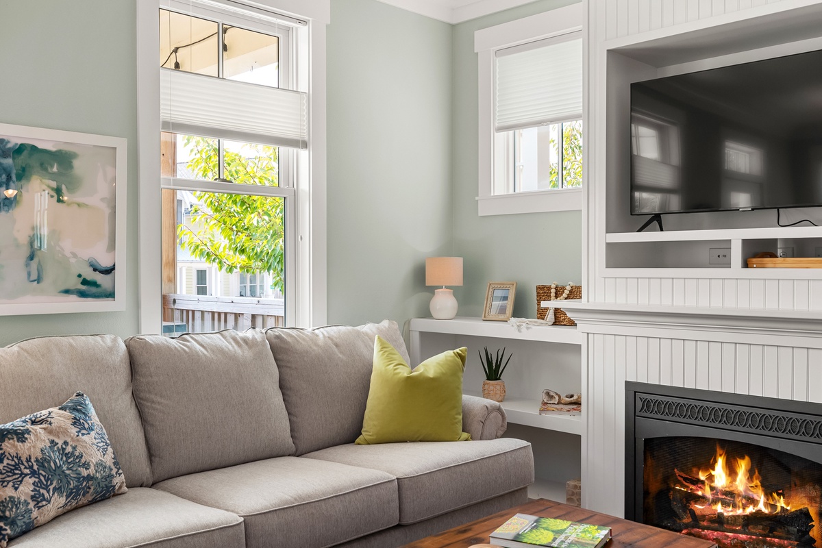 The cozy living room couch is perfect for an afternoon nap