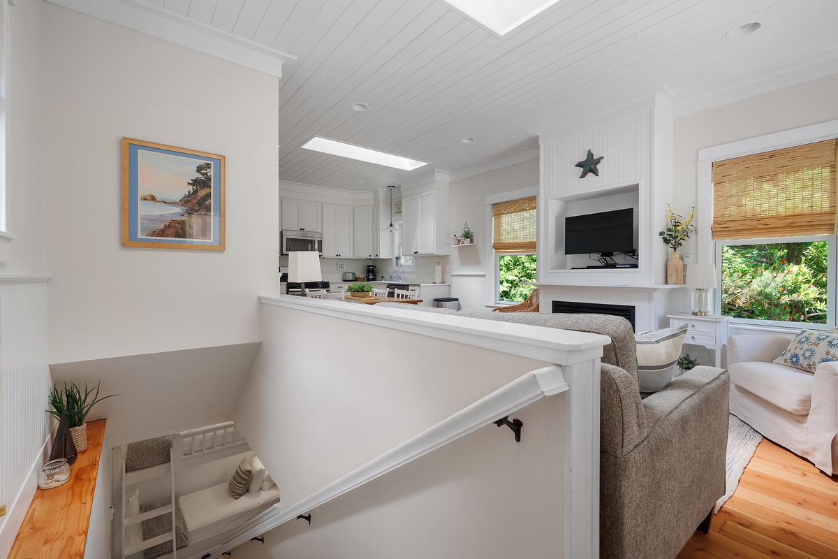 The bedrooms are located downstairs