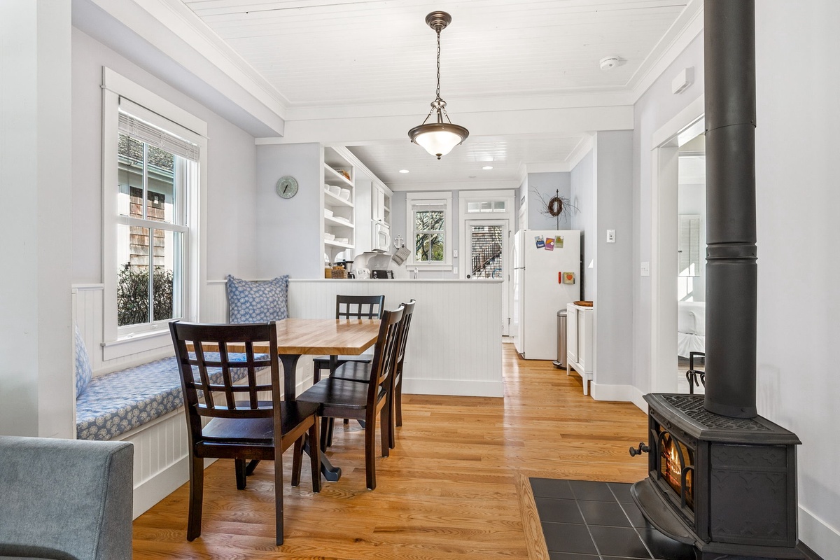 Wood stove and dining area