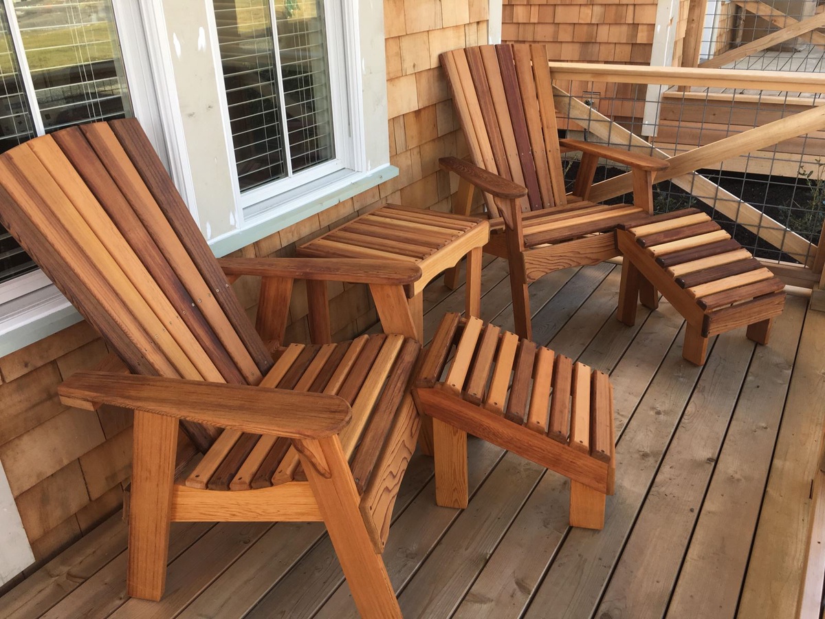 Locally hand crafted cedar king size Adirondack chairs with table and ottomans. 