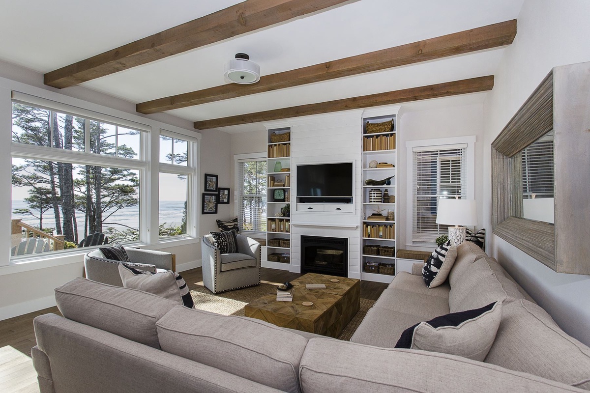 Kitchen and living room with ocean views