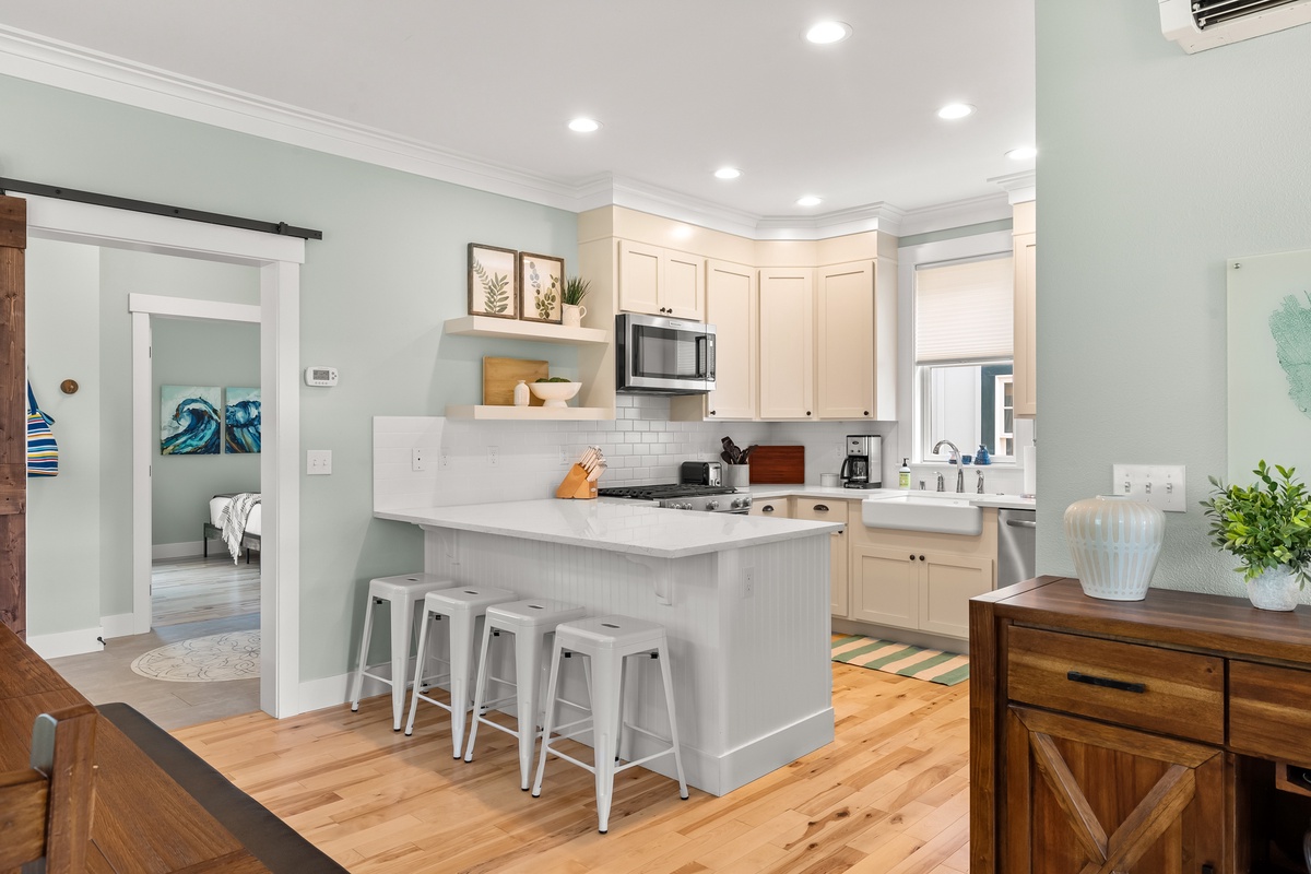 The spacious kitchen island is perfect for meal prep and great conversation