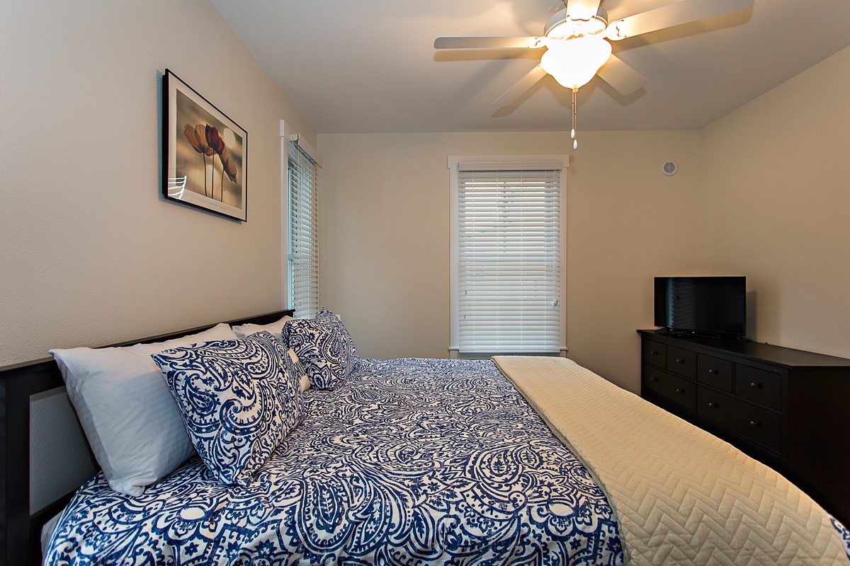 The main floor king bedroom is designed for relaxation