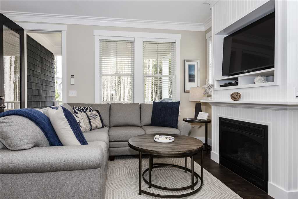 Living room with door to deck