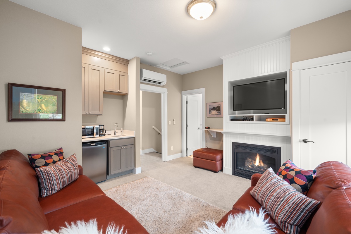 The media room has a fireplace and kitchenette