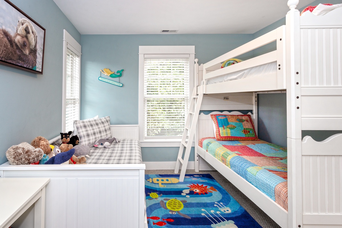 The bunk beds and trundle bed offer fun sleeping arrangements for everyone