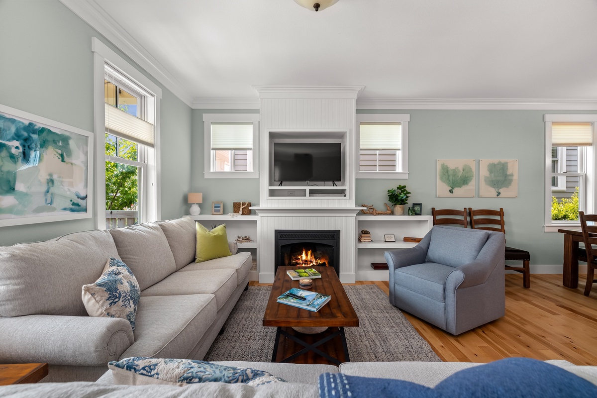 Enjoy the cozy fireplace while keeping up on your favorite TV shows