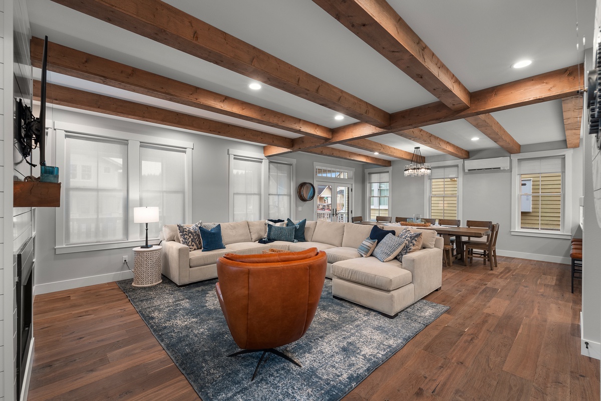 Impressive wood beams span the ceiling