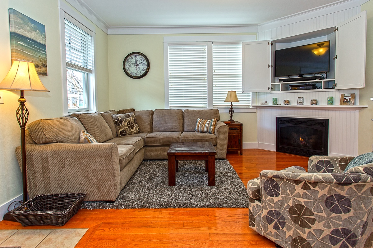 Gracious living room has a big, cushy sofa for relaxing	