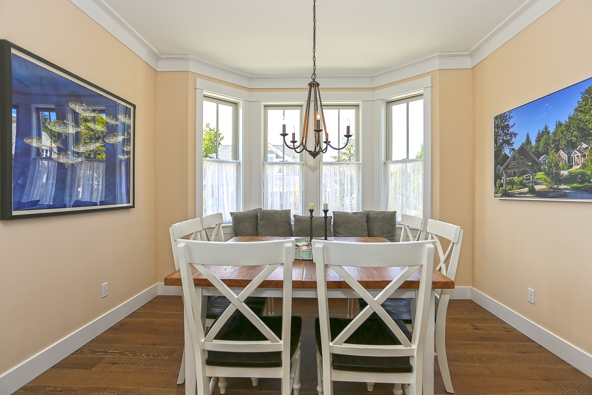 Dining nook with a table that seats eight