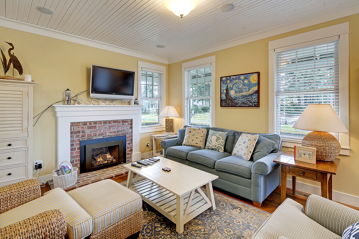 Enjoy the warmth of the fireplace while watching your favorite shows