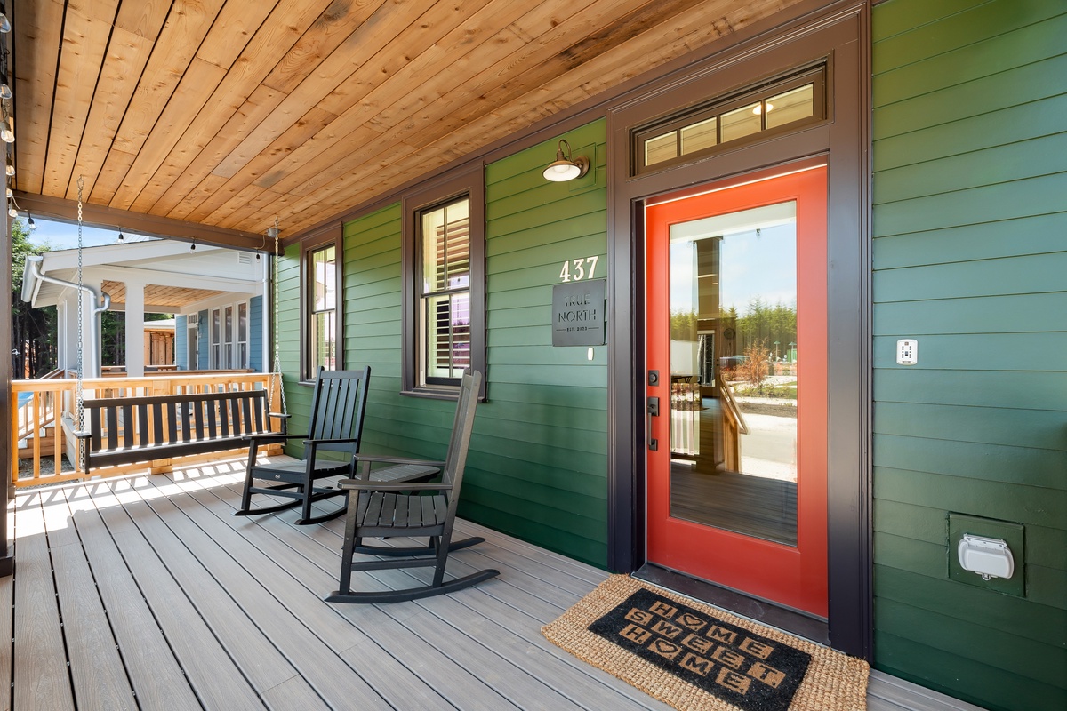 Covered front porch with porch swing