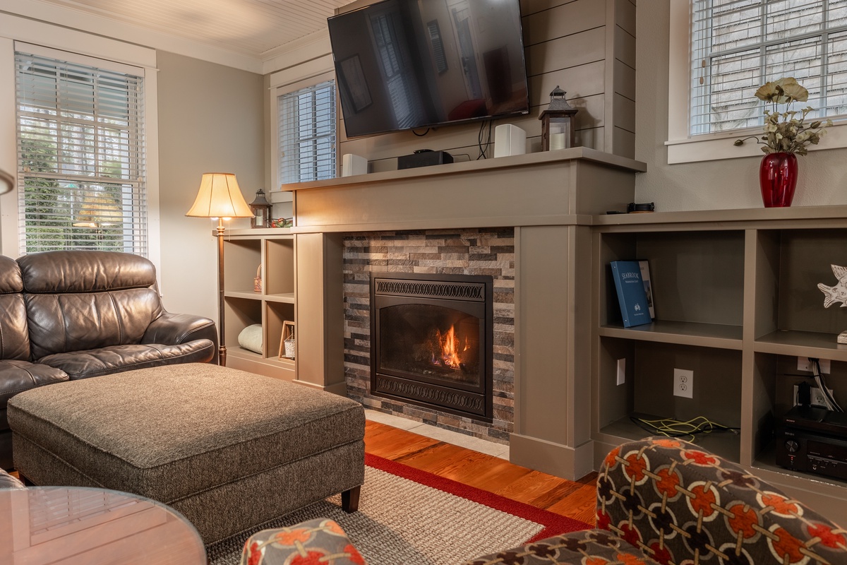 Cozy fireplace and TV