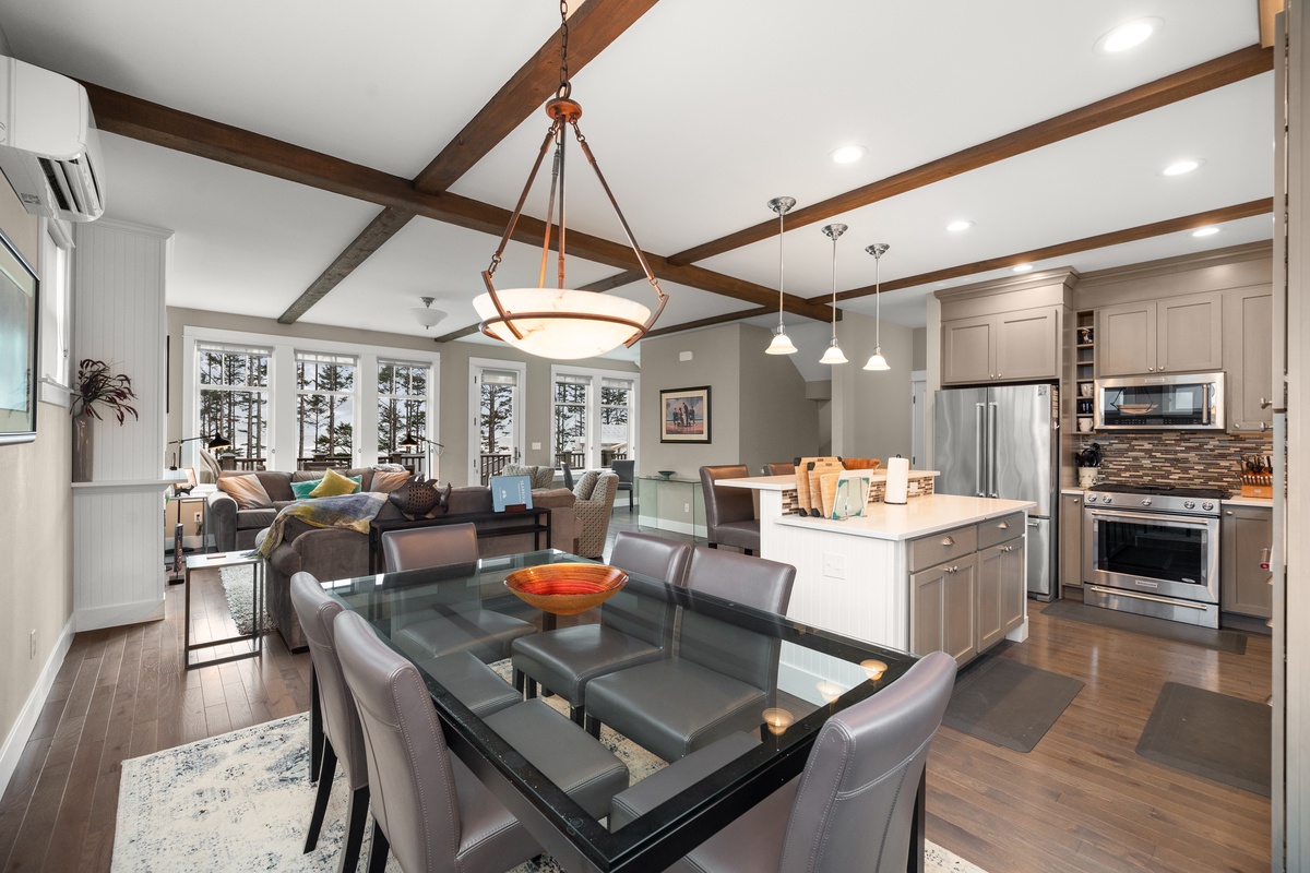 Open concept kitchen, living and dining rooms