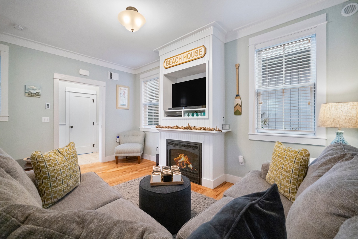 Cozy fireplace and living room sectional