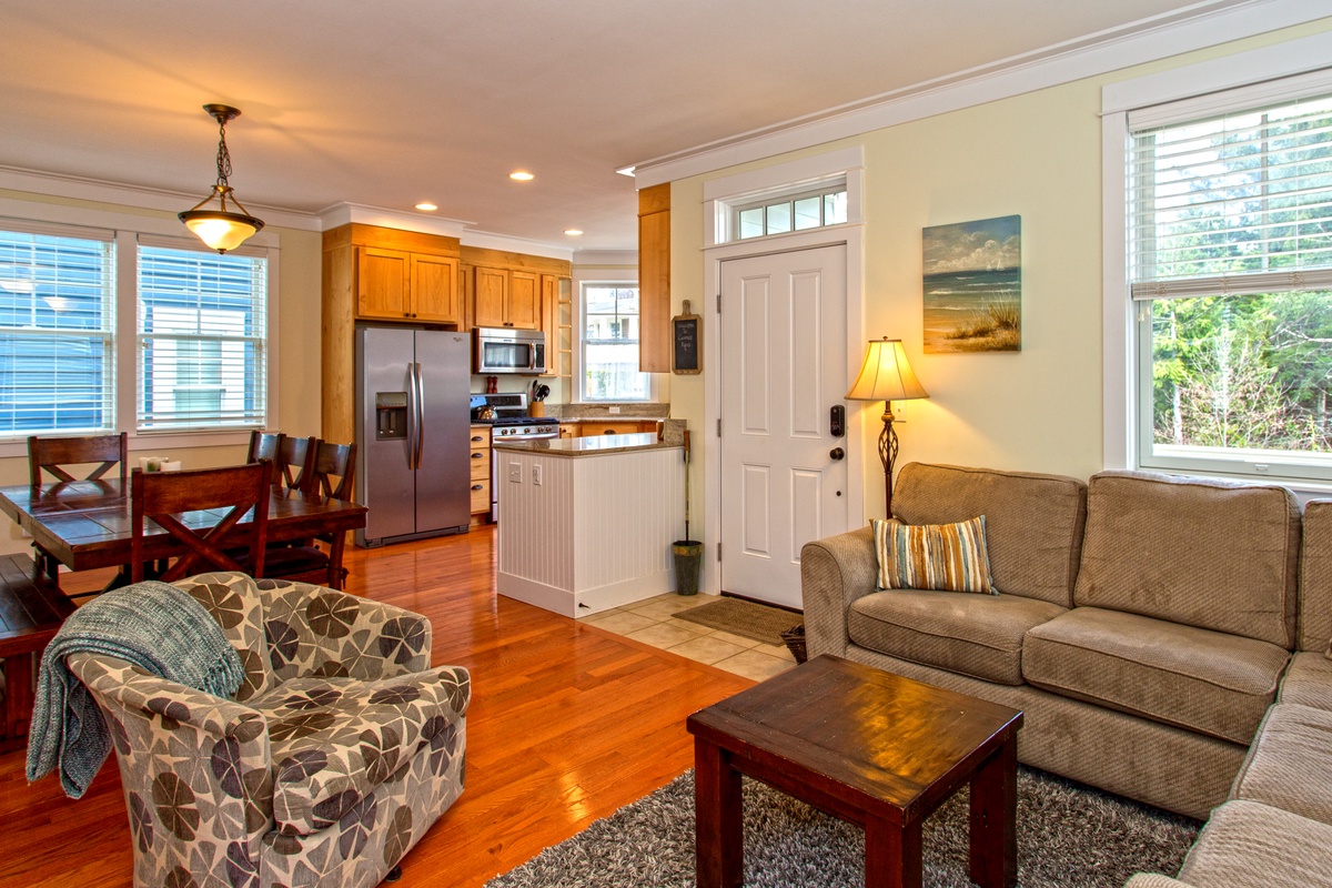 Living room into dining and kitchen