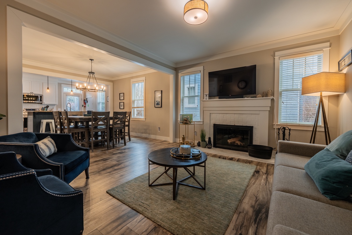 Living room with wood fire and TV