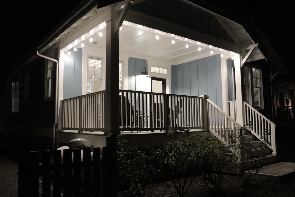 The lit porch is magical at night
