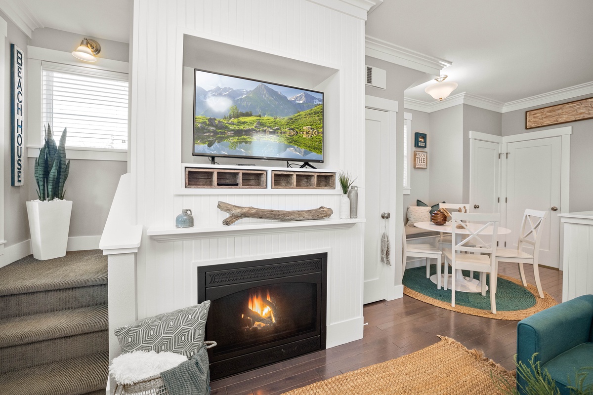 The gas fireplace is perfect for chilly days