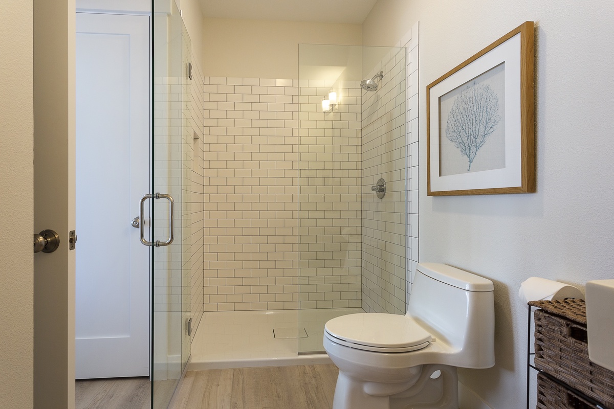 The ensuite bathroom has a walk-in shower