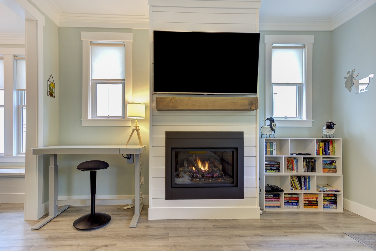 Turn on the gas fireplace and the Smart TV