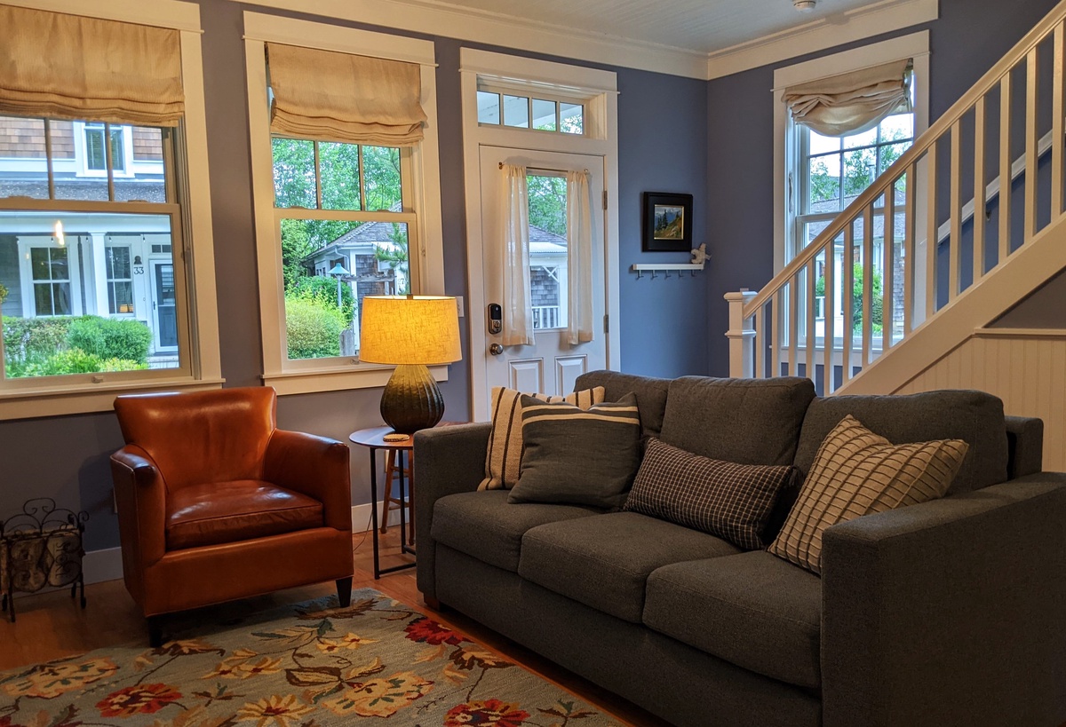 Cozy living room with view of the park