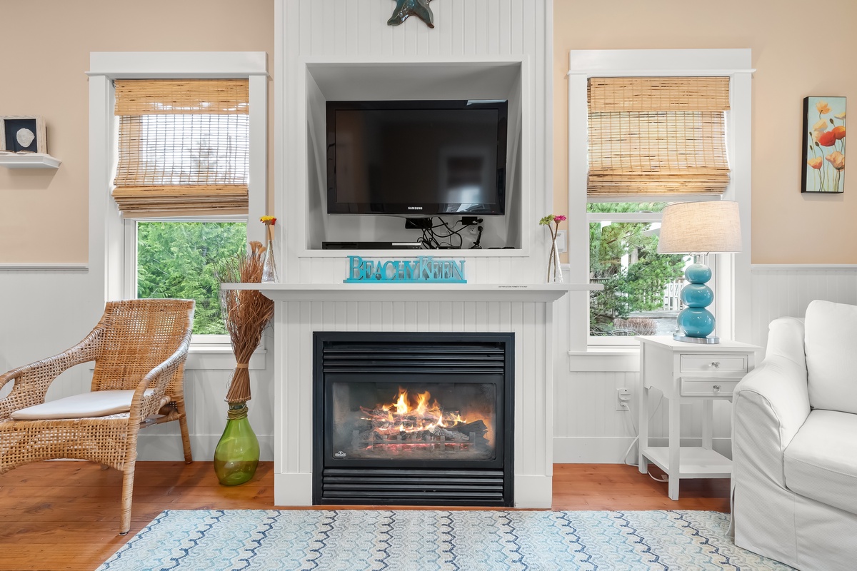 Kick back and turn on the gas fireplace