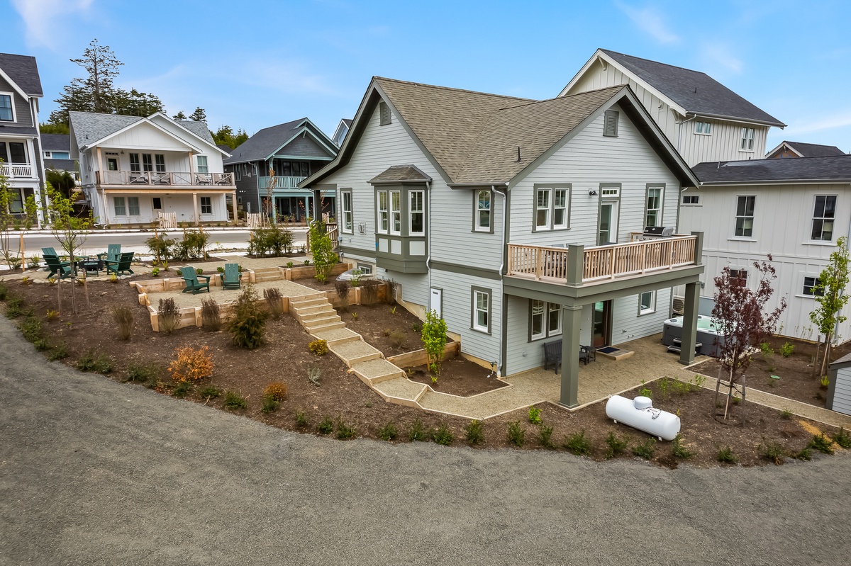 The large lot has beautiful outdoor living space