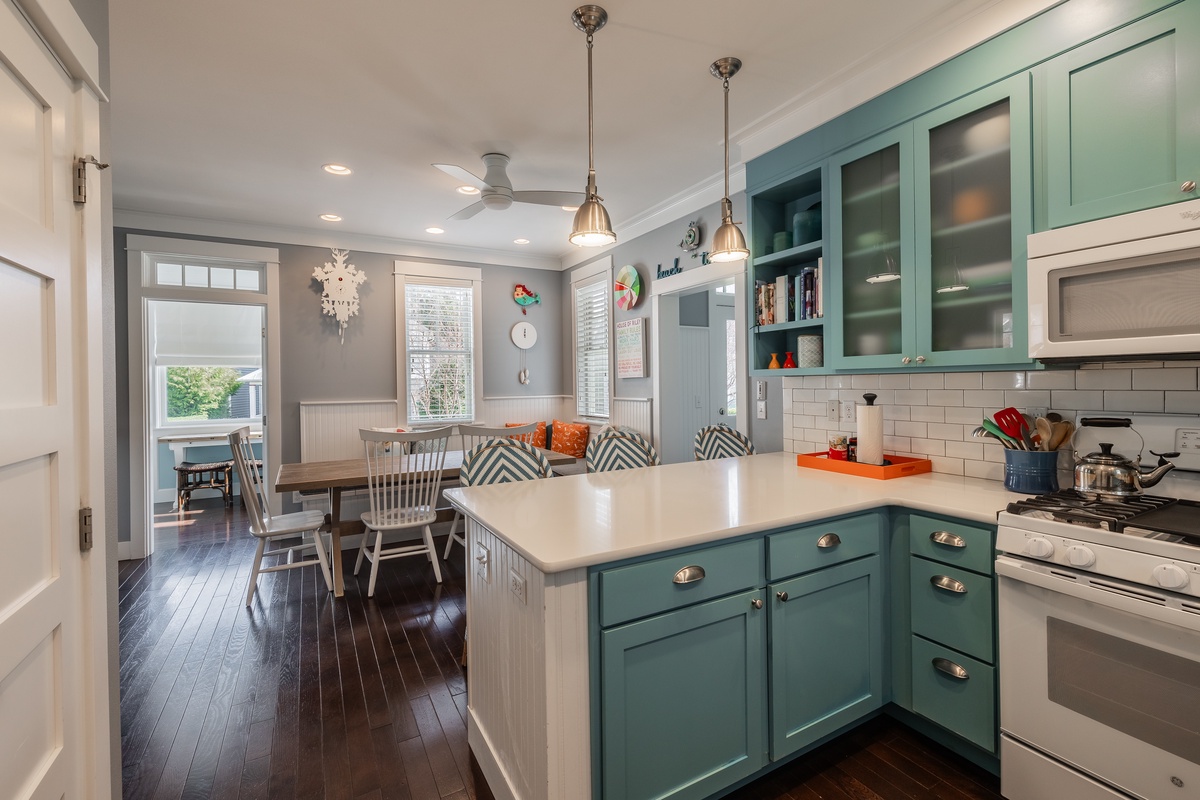 Kitchen overlooks the dining and living areas