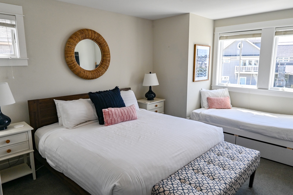 King bed, day bed and a stylish vanity sink for a perfect stay