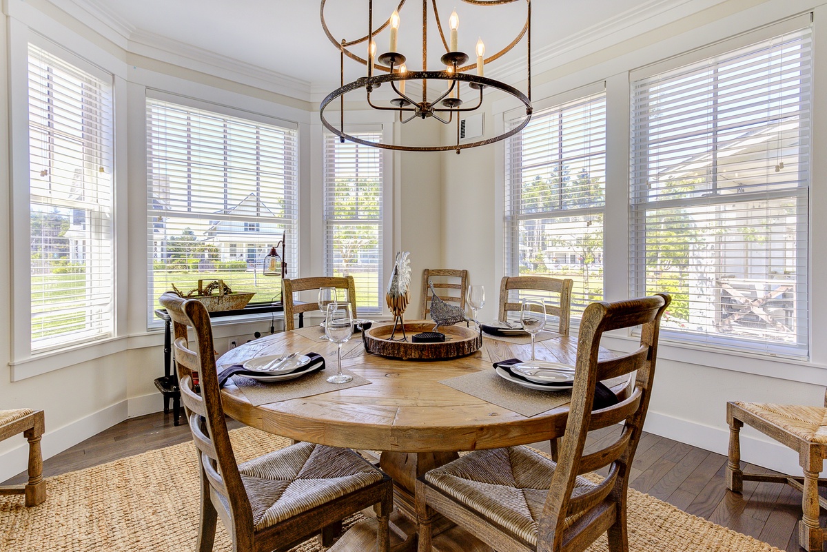The dining room table can seat up to eight