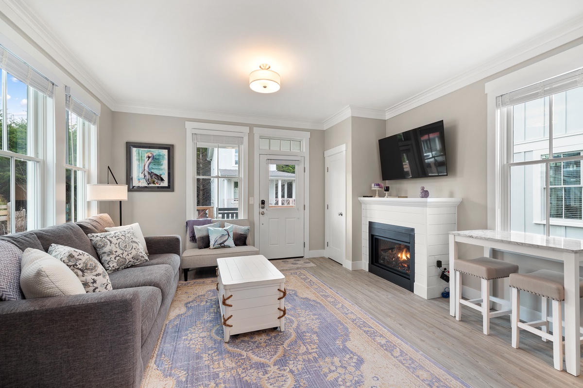 The living room is airy and bright