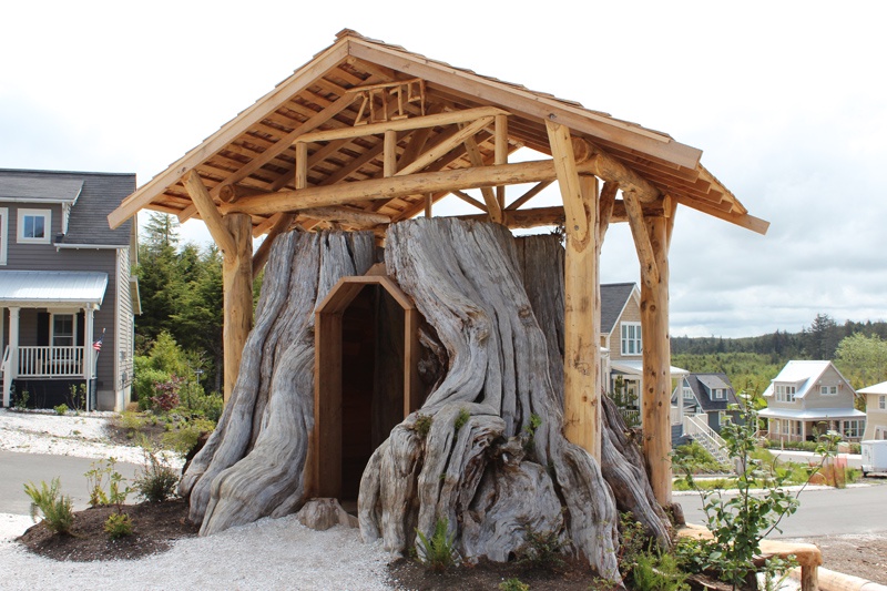 Giant stump tree house located on the Elk Creek Trail