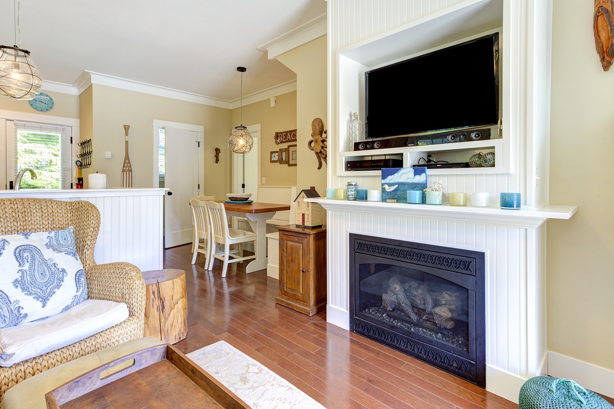 Turn on the cozy gas fireplace on chilly days