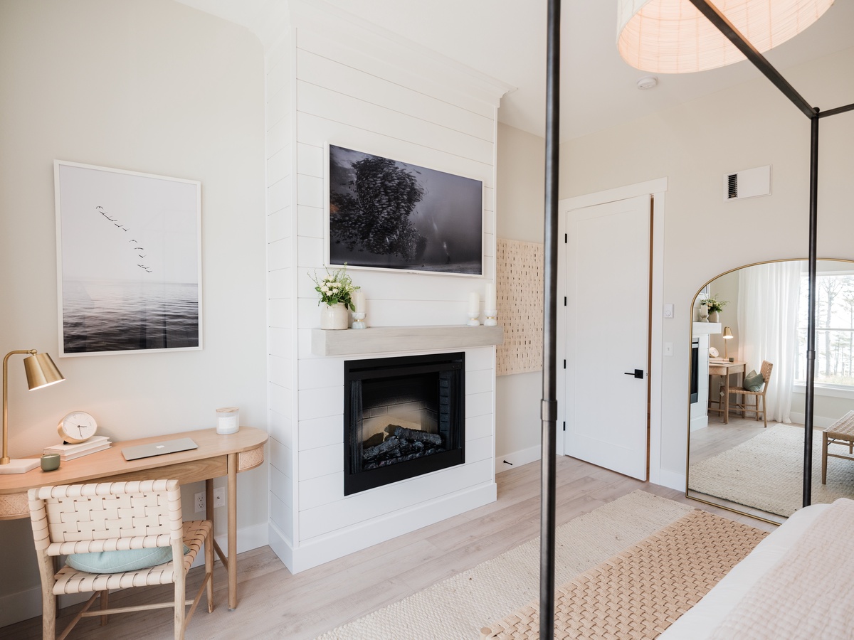 The Beach Loft Primary Bedroom Fireplace