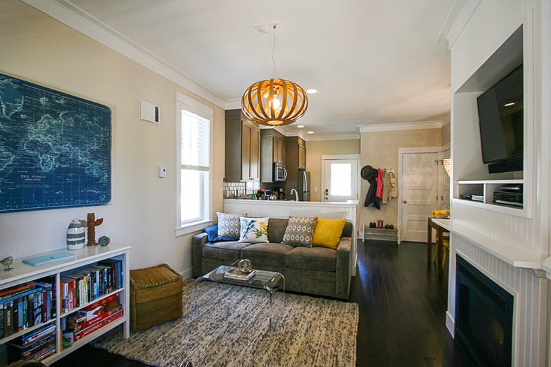 Living room with flat screen TV and fireplace