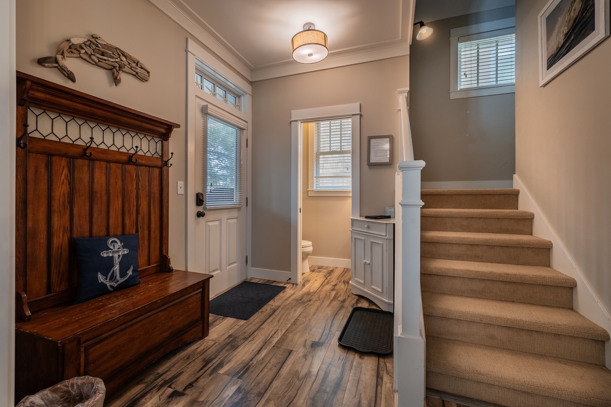 The half bath is easily accessible for guests