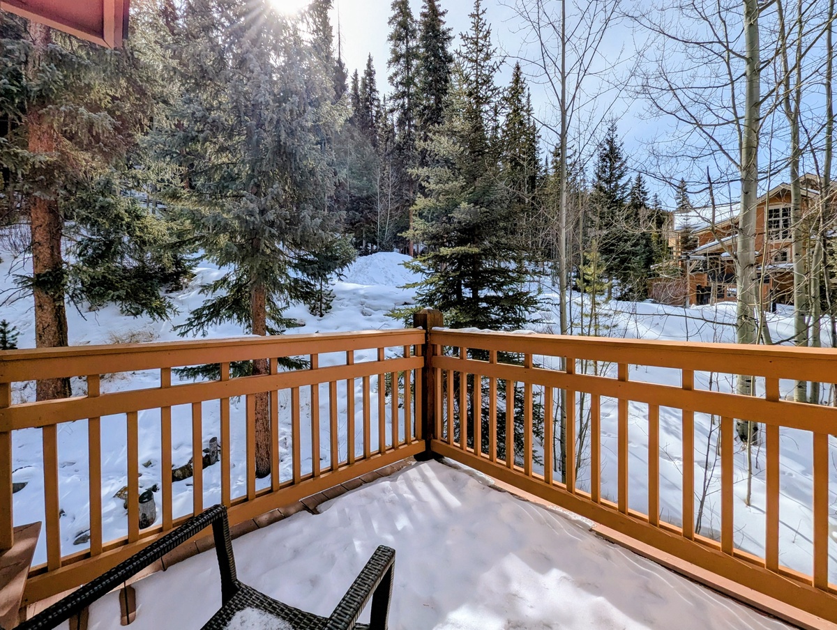 Step onto your private balcony and breathe in crisp mountain air while enjoying stunning snow-covered forest views that create the perfect winter retreat backdrop.