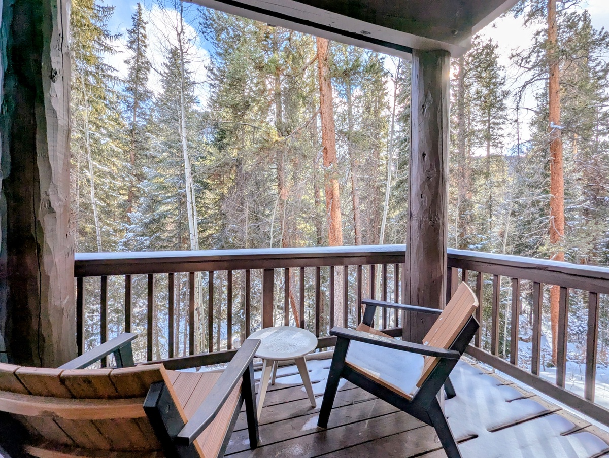 Step onto your private balcony and breathe in the crisp mountain air while gazing at towering pines dusted with fresh snow.